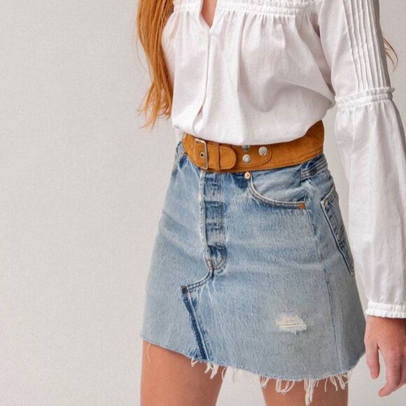 Re/Done Light Blue Distressed Mini Skirt - Picture 1 of 7